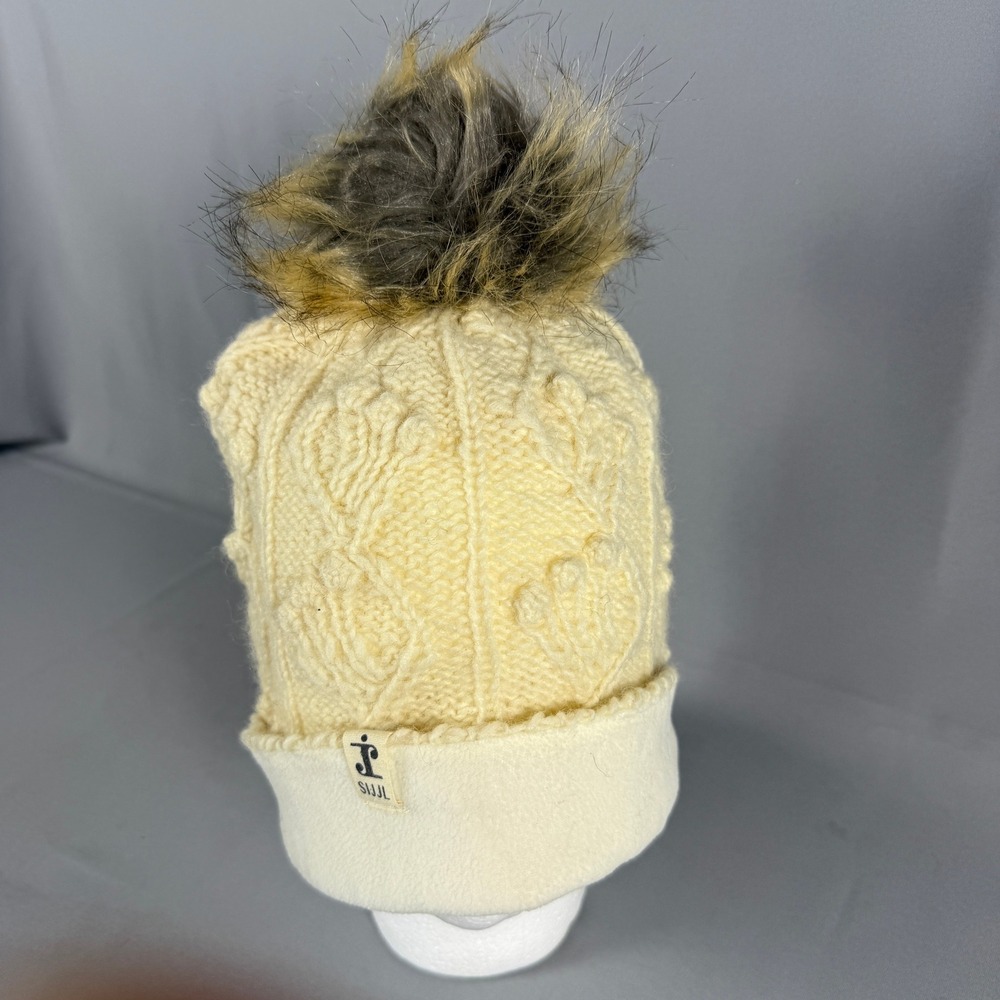 Sijjl Cream Cable Knit Beanie Faux Fur Pom Pom Fleece Lined Winter Hat Ivory - Picture 2 of 6